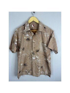 Vintage Holo Holo Hawaiian Shirt Mens Tan Floral Palm Pullover Reverse print
